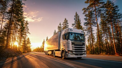 Fototapeta premium Commercial Truck on Highway at Sunset Delivering Goods, Transportation Industry Concept, Automotive Industry, Logistics