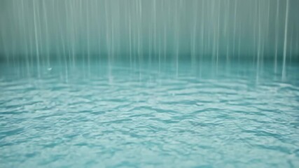 Rainy Blue Oasis: A serene close-up of a shimmering pool of water, where gentle rain falls and creates delicate patterns on the surface, embodying tranquility and natural beauty.