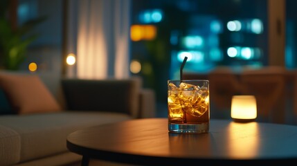 Chilled drinks on table with moody lighting in modern lounge