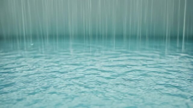 Rainy Blue Oasis: A serene close-up of a shimmering pool of water, where gentle rain falls and creates delicate patterns on the surface, embodying tranquility and natural beauty.