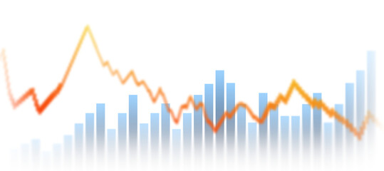 Financial chart with orange trend line and blue bar graph on transparent background, ideal for illustrating stock market analysis, trading data, business growth, and investment trends.