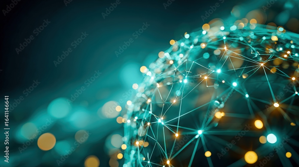 Poster abstract network globe: interconnected data visualization with blue and gold nodes for technology co