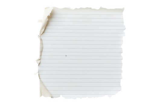 Torn lined notebook paper with tape isolated on transparent background. Scrap of ruled paper taped cutout PNG.