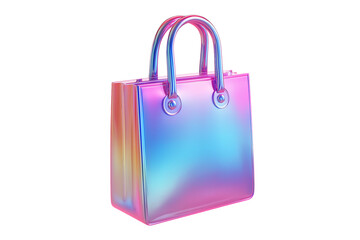 Gradient holographic bag with handles 3D render icon on white background. Shiny gradient retail bag icon isolated PNG.