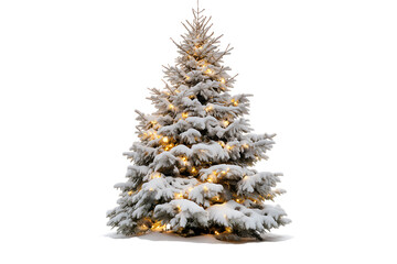 Snowy Christmas tree with lights isolated on white background. Winter holiday tree with snow and lights PNG.