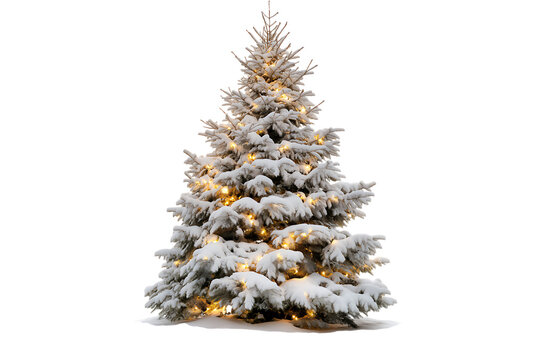 Snowy Christmas tree with lights isolated on white background. Winter holiday tree with snow and lights PNG.