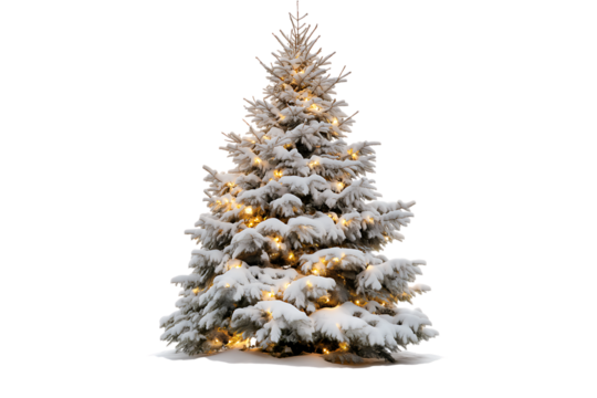 Snowy Christmas tree with lights isolated on white background. Winter holiday tree with snow and lights PNG.