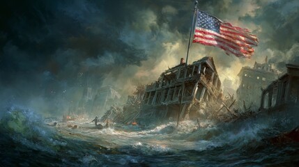 Apocalyptic Urban Landscape with Stormy Seas and Flying American Flag Amidst Ruins