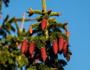 Close-up of a pine tree with vibrant red cones