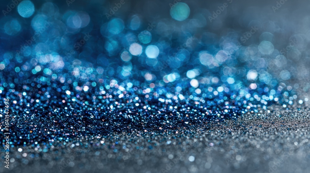 Poster sparkling blue glitter pile on dark surface, macro shot showing texture and bokeh effect