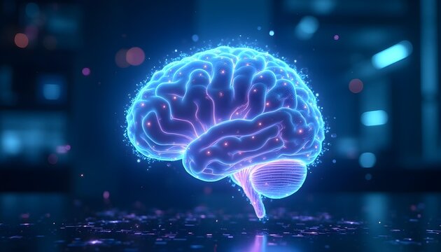 A glowing 3D artificial intelligence brain made of interconnected neon circuits and holographic data streams, floating in a futuristic lab environment. Surrounding it are holograms, binary codes, - Powered by Adobe
