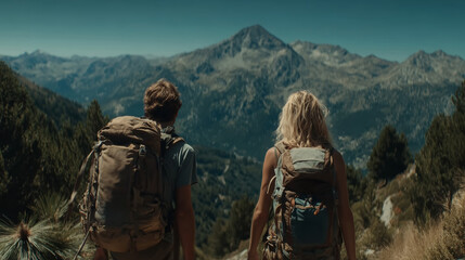 Two hikers with backpacks stand on a mountain trail, looking out at a vast, majestic mountain range under a clear blue sky, enjoying the scenic vista and the spirit of adventure