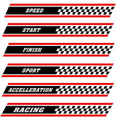 Racing cars and race car stripes set. Checkered patterns, checkered flag, start and finish line, motocross labels, dynamic lines, motorsport, racing stripe speed, sport decals, tuning stickers