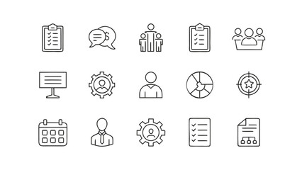 Vector art of collection of handdrawn icons representing business, management, and planning, including documents, charts, people, gears, and calendar symbols, isolated a
