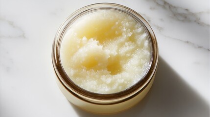 Light-colored scrub in a round container