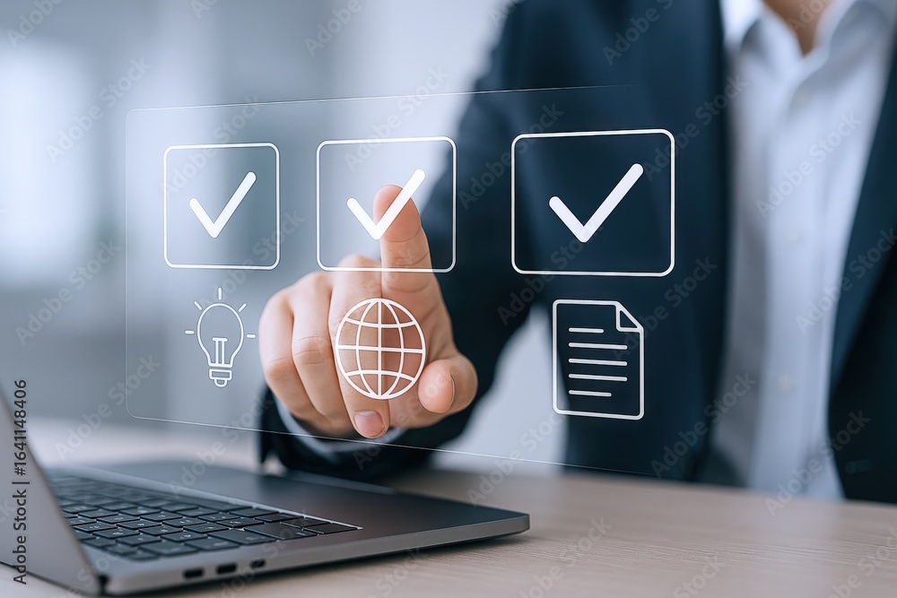 Poster digital checklist interface: businessman interacting with virtual checkmarks for task completion and