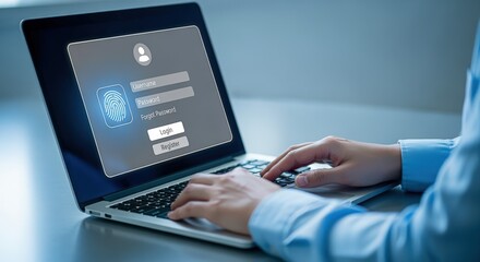 Secure Online Access: Laptop Displaying Login Credentials and Fingerprint ID for User Authentication Process