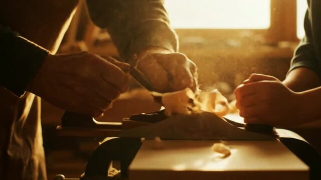 A master craftsman teaches a young apprentice how to use a hand plane in a workshop
