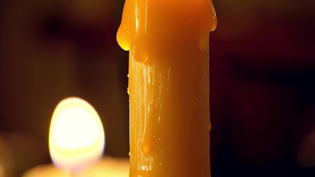 A golden candle stands in closeup as molten wax drips down its sides, bathed in warm candlelight. A soft, blurred glow flickers in the background, creating a calm, intimate mood.