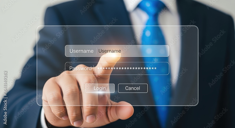 Poster businessman accessing account with username and password on a virtual interface for secure online lo