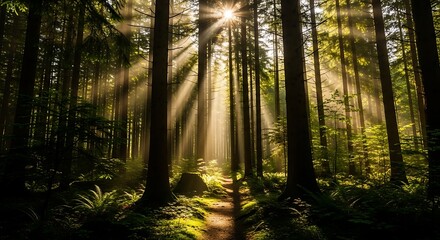 Fototapeta premium Sunbeams pierce through a dense forest canopy, illuminating a forest path
