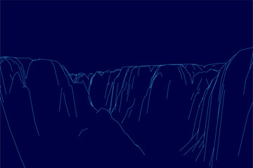 A blue line drawing of a mountain range contrasts sharply against a dark blue background, highlighting the canyon-like contours. The minimalist design emphasizes clean lines and depth.