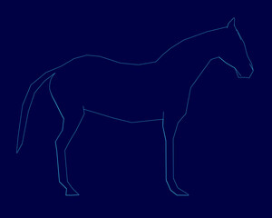 A majestic horse in low poly contour style stands proudly with flowing mane and tail. The white outline contrasts sharply against the deep blue background.