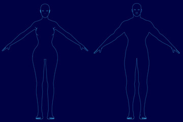 A blue line drawing depicts a man and a woman with outstretched arms, their body contours highlighted against a dark blue background. The minimalist design emphasizes human connection and movement.