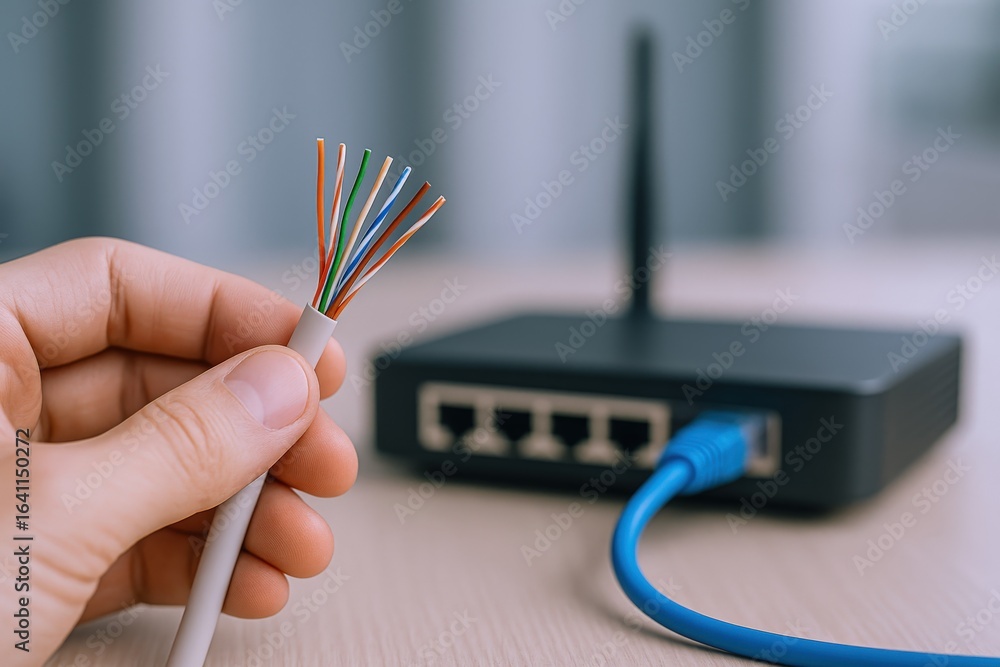 Poster connecting a network router with ethernet cable, showing cable wires, internet connectivity, and dat