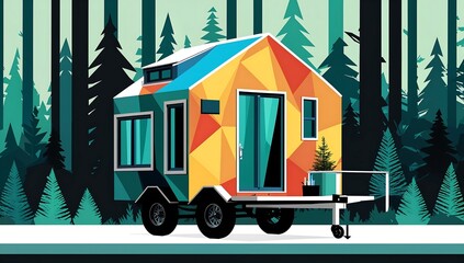 Geometric tiny home on wheels, two-color vector, forest background