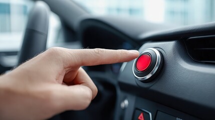 Finger presses a red engine start stop button in a car, ignition system, modern vehicle