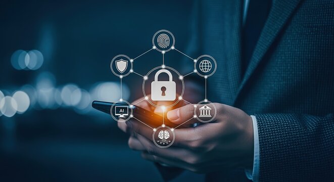 Data Protection Concept: Businessman Holding Smartphone with Security Lock and Digital Safety Icons Displayed