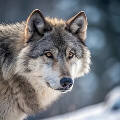 Fototapeta premium Intense Wolf Gaze: Winter Wildlife Portrait with Bokeh Background