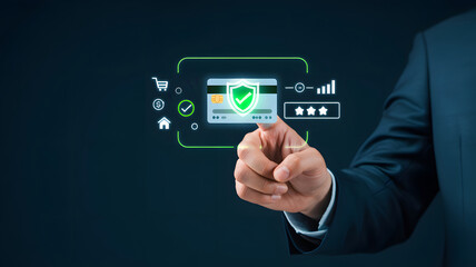Man touching secure credit card digital interface with icons security technology