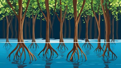 Mangrove roots in water, curved brown lines, blue background.