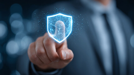 A man in a suit touching a virtual shield, symbolizing security. Represents data protection, cybersecurity, and digital safety. Strong focus on security.
