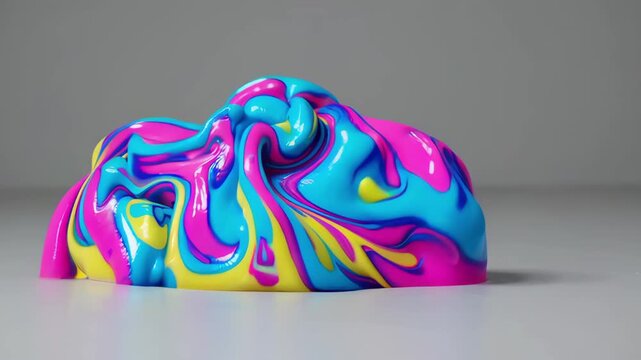 Glossy neon slime oozes and folds into a mesmerizing mound, swirling cyan, magenta, and yellow into silky ribbons. Slow, stretchy motion reveals buttery textures and hypnotic shine.
