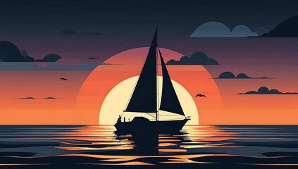Minimal sailboat on sunset water, dark silhouette.