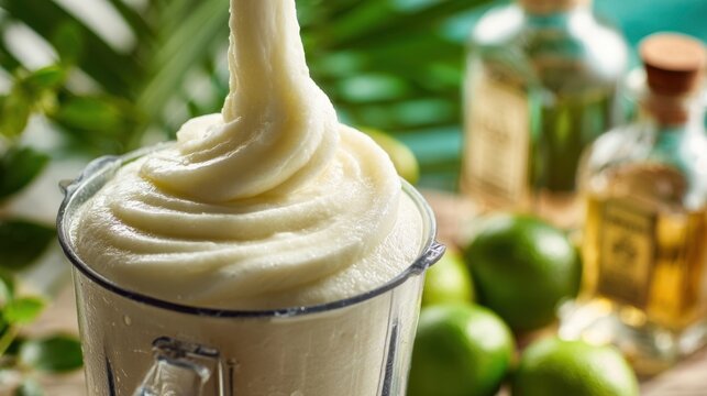 Creamy frozen lime margarita preparation amidst tropical background