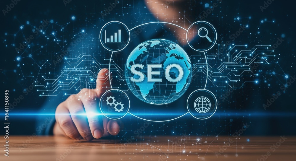 Aufkleber seo optimization strategy displayed on digital interface with global connection, targeting and analy