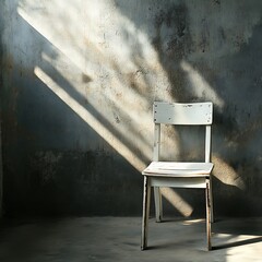 white chair on concrete floor and shadow of wall in vintage style.