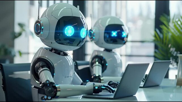 Tech support AI integration, with a smart robot working alongside a human colleague.