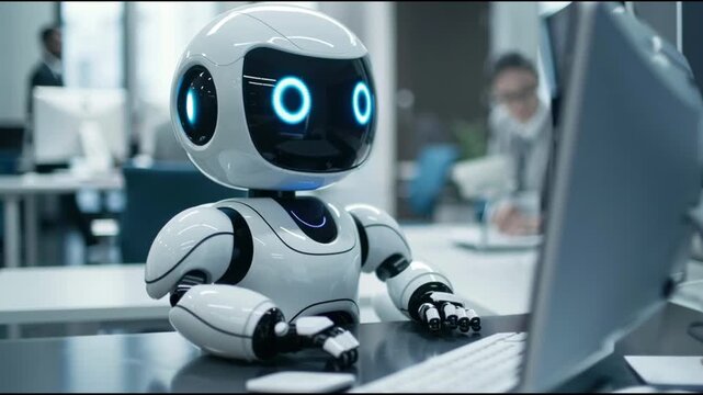 AI robot labor as office worker engages in computing duties next to a fellow employee.