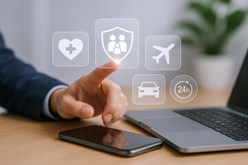 Insurance Planning Concept: Man selecting family protection on virtual screen with laptop and smartphone
