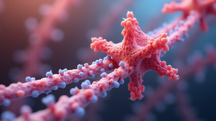 A microscopic image showing the complex structure of contractile proteins responsible for muscle movement, with particular emphasis on actin and myosin filaments. 