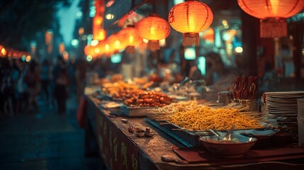 Explore vibrant chinese street food market with lanterns and delicious asian cuisine for travel inspiration