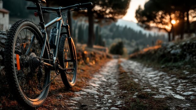 A mountain bicycle rests on a rocky trail in a forest at sunset, with the warm light filtering through the trees, highlighting the adventure of outdoor cycling - Powered by Adobe
