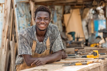 Joyful Young Black Carpenter Crafting with Skill in Nigeria