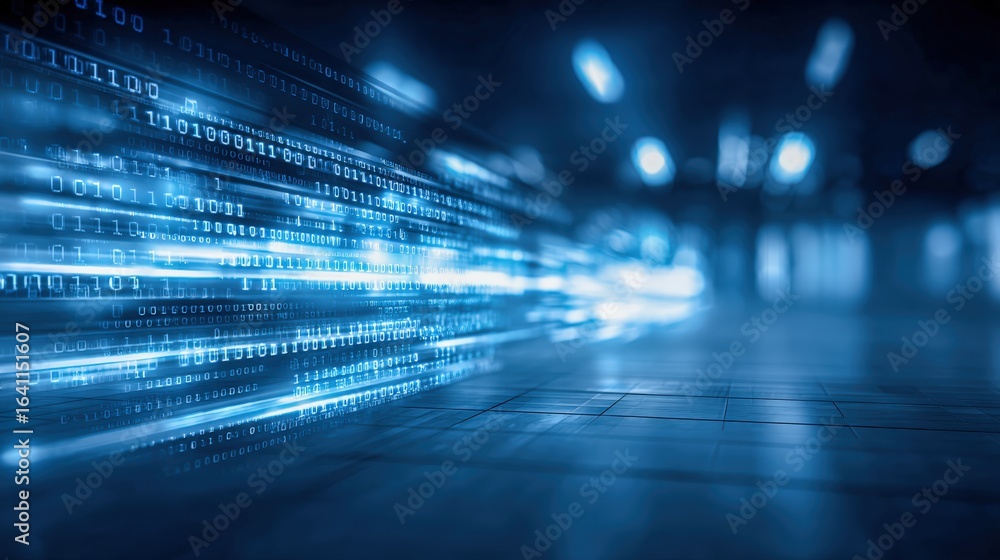 Poster futuristic data stream visualization: binary code flowing through digital space, emphasizing connect