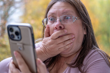 shocked, Surprised Mature woman holds her smartphone and with wide eyes reacts emotionally, looks...